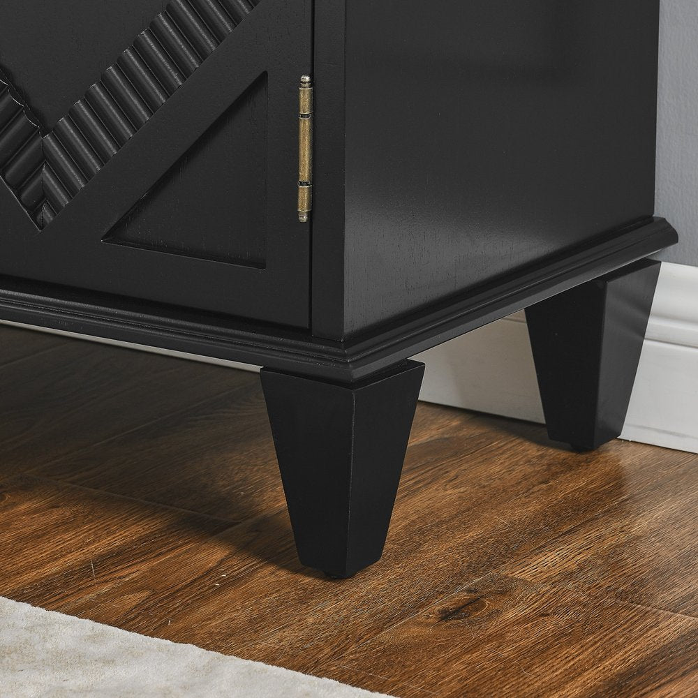 34" Black Wood Carved Geometric Accent Cabinet With Two Doors HomeRoots