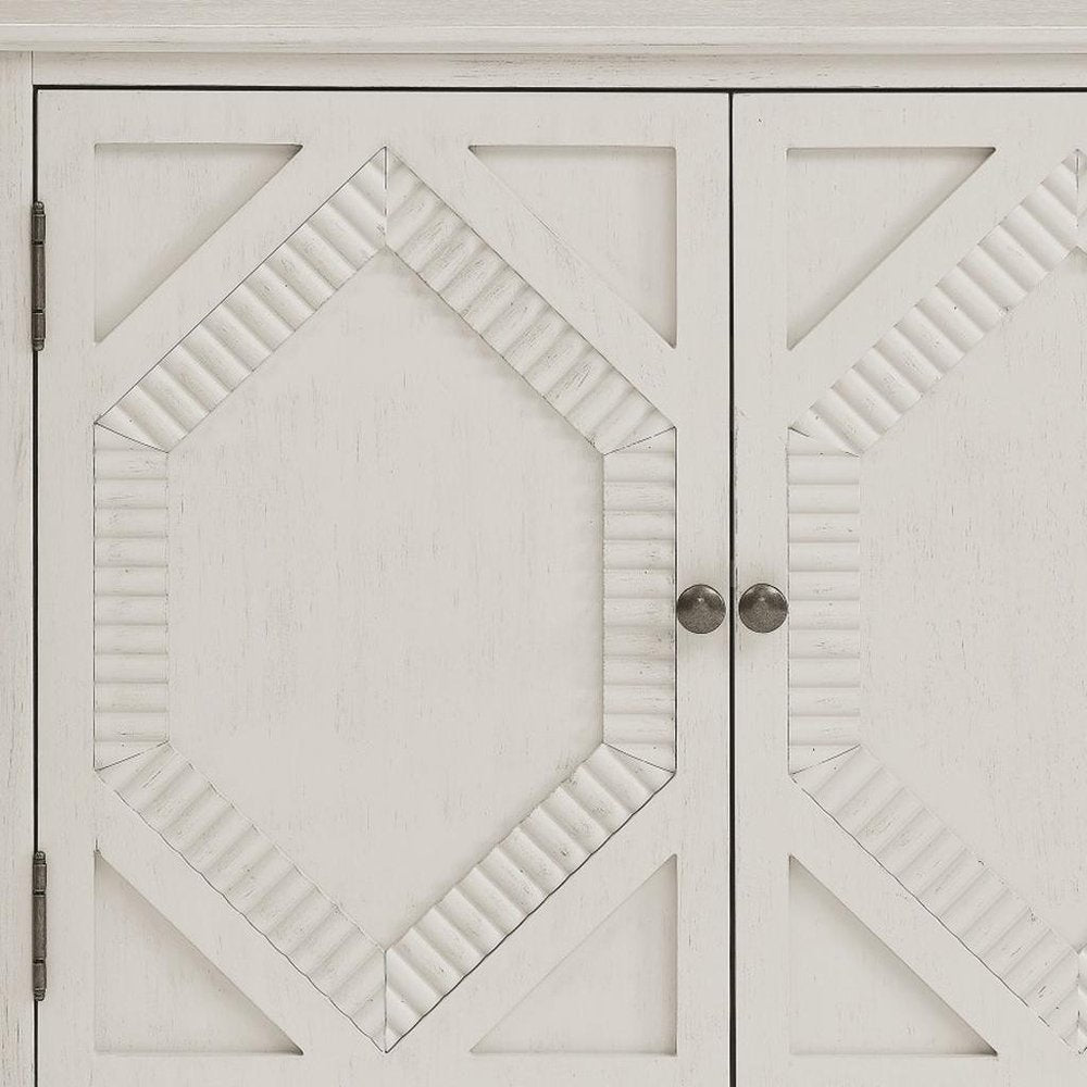 34" White Wood Carved Geometric Accent Cabinet With Two Doors HomeRoots
