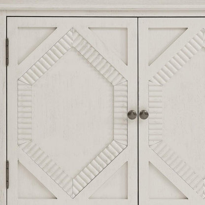 34" White Wood Carved Geometric Accent Cabinet With Two Doors HomeRoots