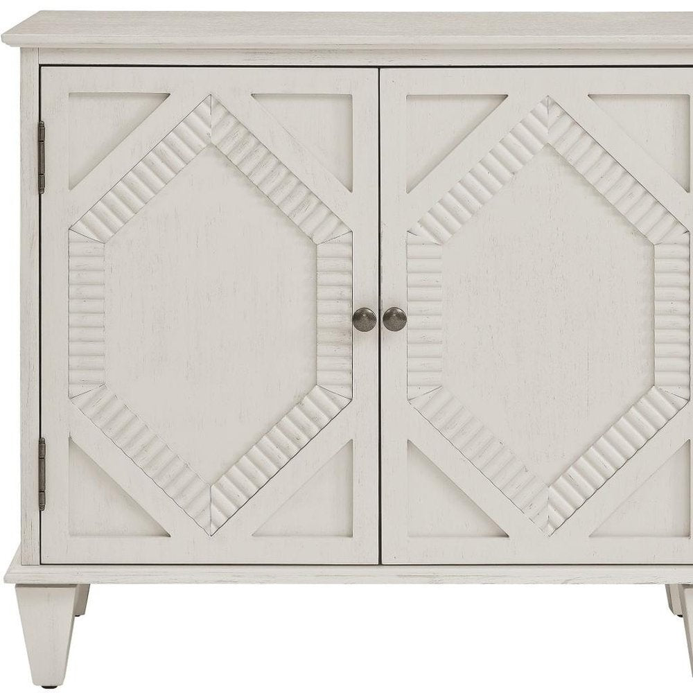 34" White Wood Carved Geometric Accent Cabinet With Two Doors HomeRoots