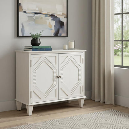 34" White Wood Carved Geometric Accent Cabinet With Two Doors HomeRoots
