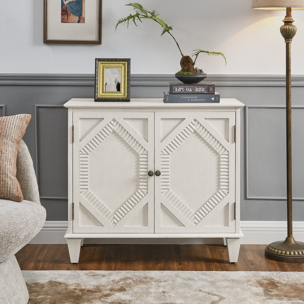 34" White Wood Carved Geometric Accent Cabinet With Two Doors HomeRoots