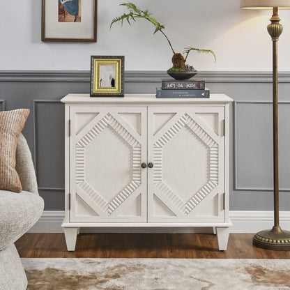 34" White Wood Carved Geometric Accent Cabinet With Two Doors HomeRoots