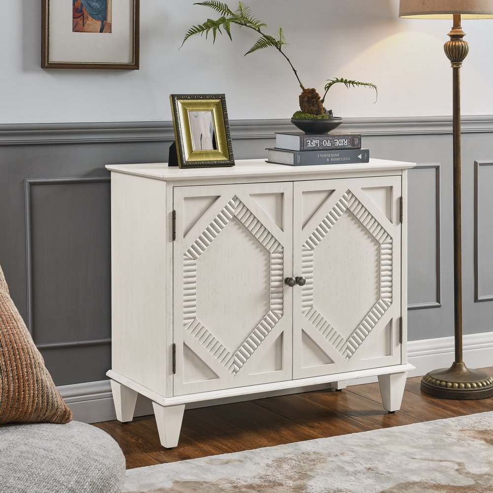 34" White Wood Carved Geometric Accent Cabinet With Two Doors HomeRoots