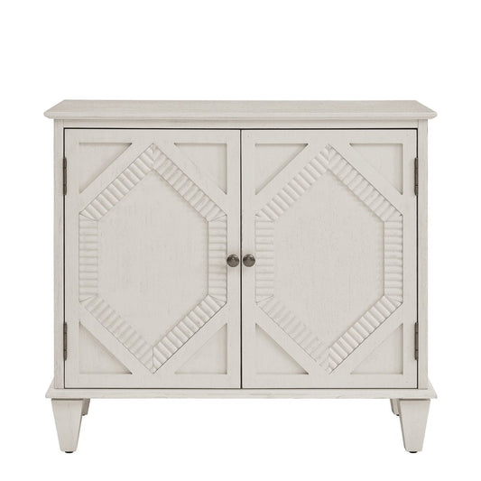 34" White Wood Carved Geometric Accent Cabinet With Two Doors HomeRoots
