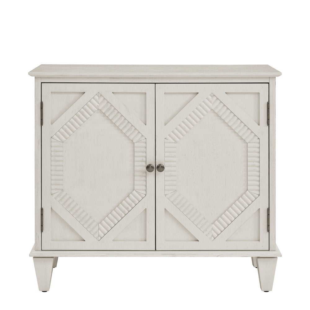 34" White Wood Carved Geometric Accent Cabinet With Two Doors HomeRoots