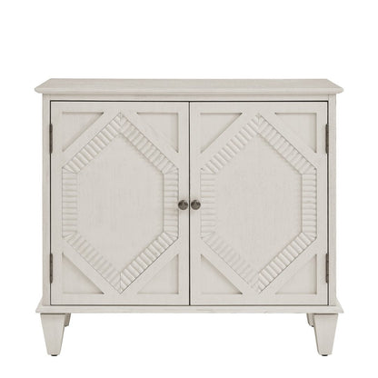34" White Wood Carved Geometric Accent Cabinet With Two Doors HomeRoots
