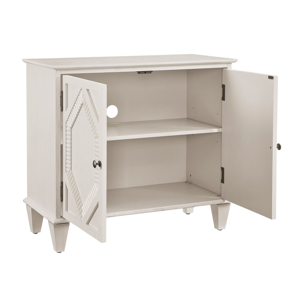 34" White Wood Carved Geometric Accent Cabinet With Two Doors HomeRoots