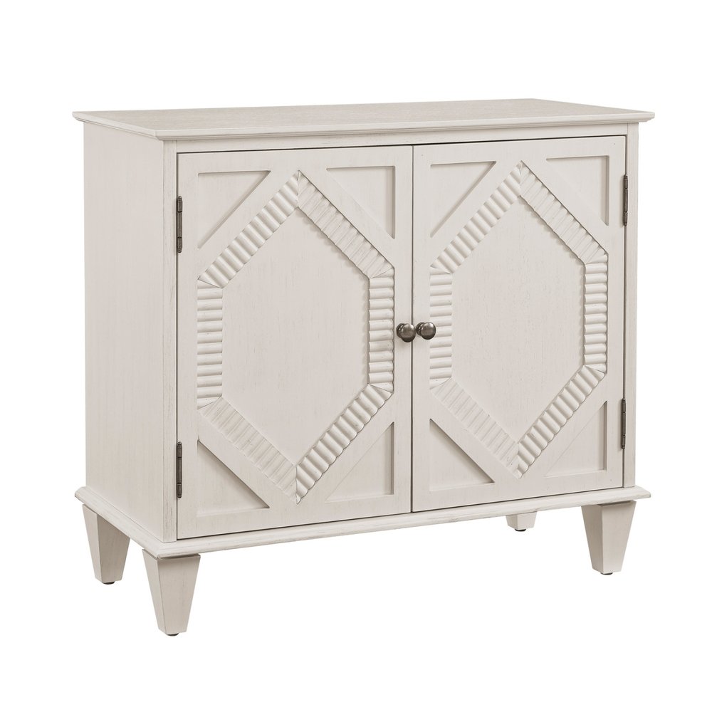 34" White Wood Carved Geometric Accent Cabinet With Two Doors HomeRoots