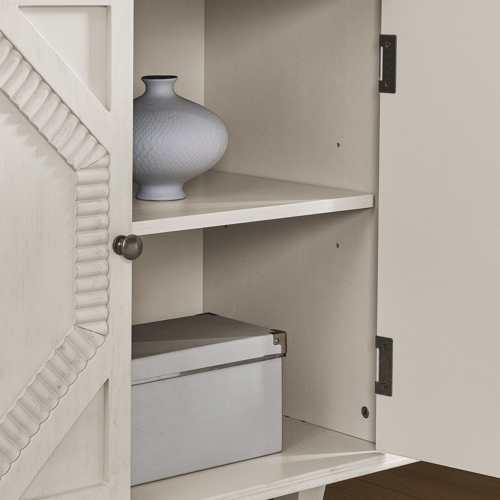 34" White Wood Carved Geometric Accent Cabinet With Two Doors HomeRoots