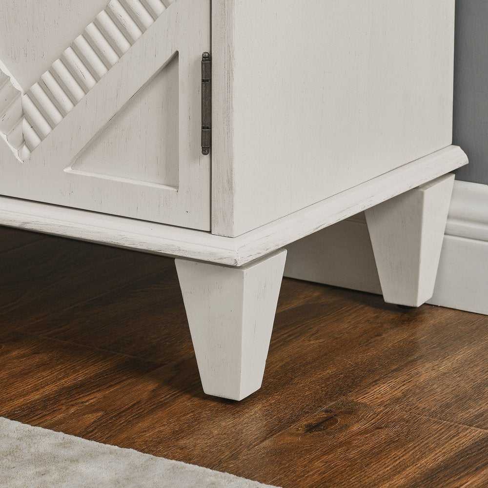 34" White Wood Carved Geometric Accent Cabinet With Two Doors HomeRoots