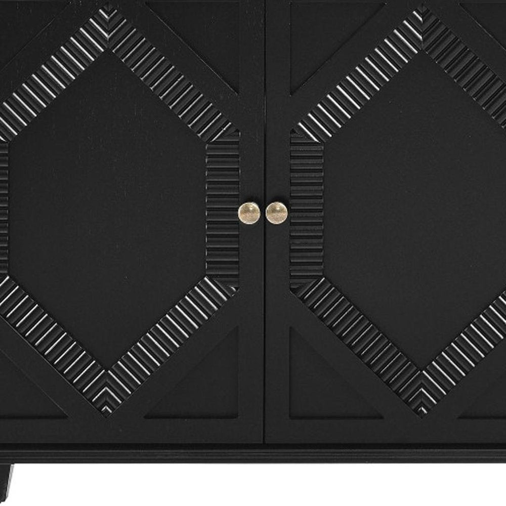 66" Black Wood Carved Geometric Accent Cabinet With Four Doors HomeRoots