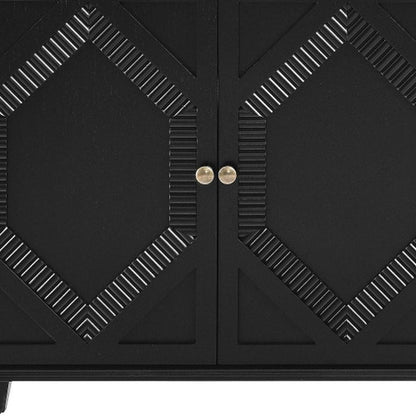 66" Black Wood Carved Geometric Accent Cabinet With Four Doors HomeRoots