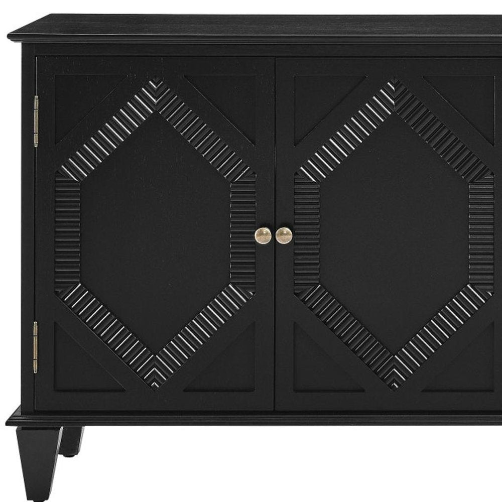 66" Black Wood Carved Geometric Accent Cabinet With Four Doors HomeRoots
