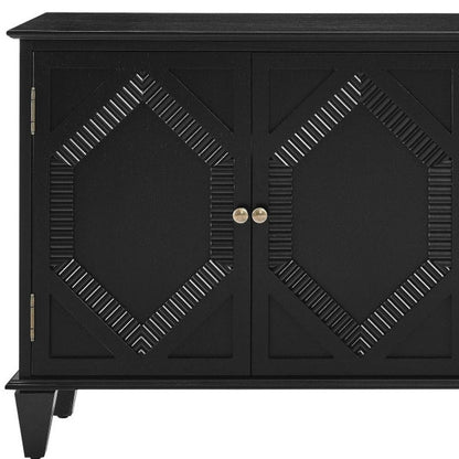 66" Black Wood Carved Geometric Accent Cabinet With Four Doors HomeRoots
