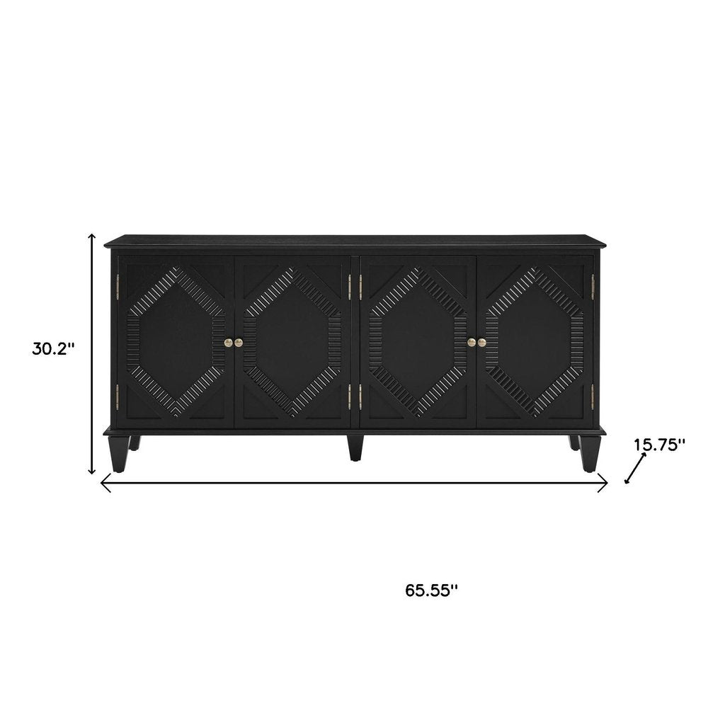 66" Black Wood Carved Geometric Accent Cabinet With Four Doors HomeRoots