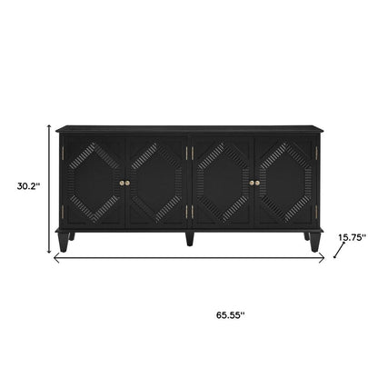 66" Black Wood Carved Geometric Accent Cabinet With Four Doors HomeRoots