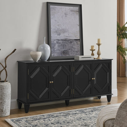 66" Black Wood Carved Geometric Accent Cabinet With Four Doors HomeRoots