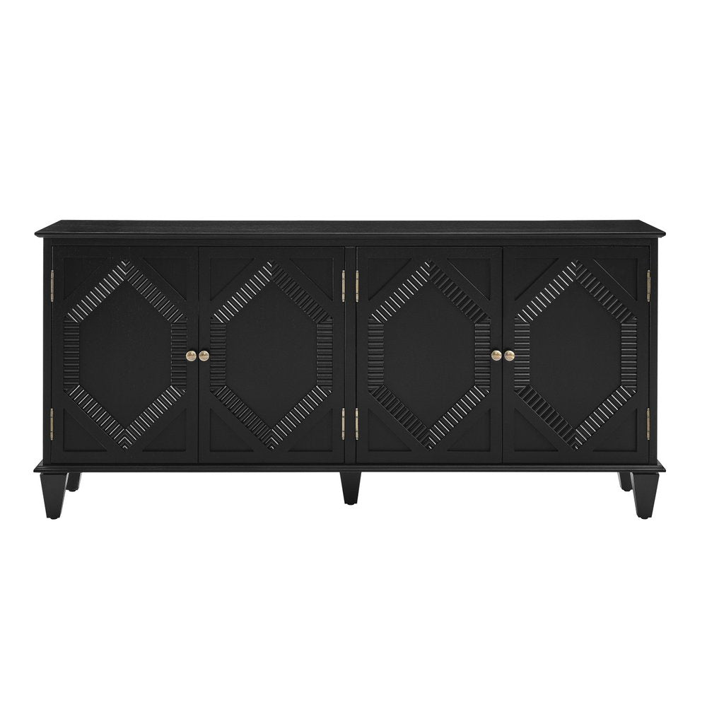 66" Black Wood Carved Geometric Accent Cabinet With Four Doors HomeRoots