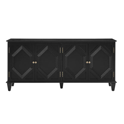 66" Black Wood Carved Geometric Accent Cabinet With Four Doors HomeRoots