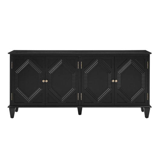 66" Black Wood Carved Geometric Accent Cabinet With Four Doors HomeRoots