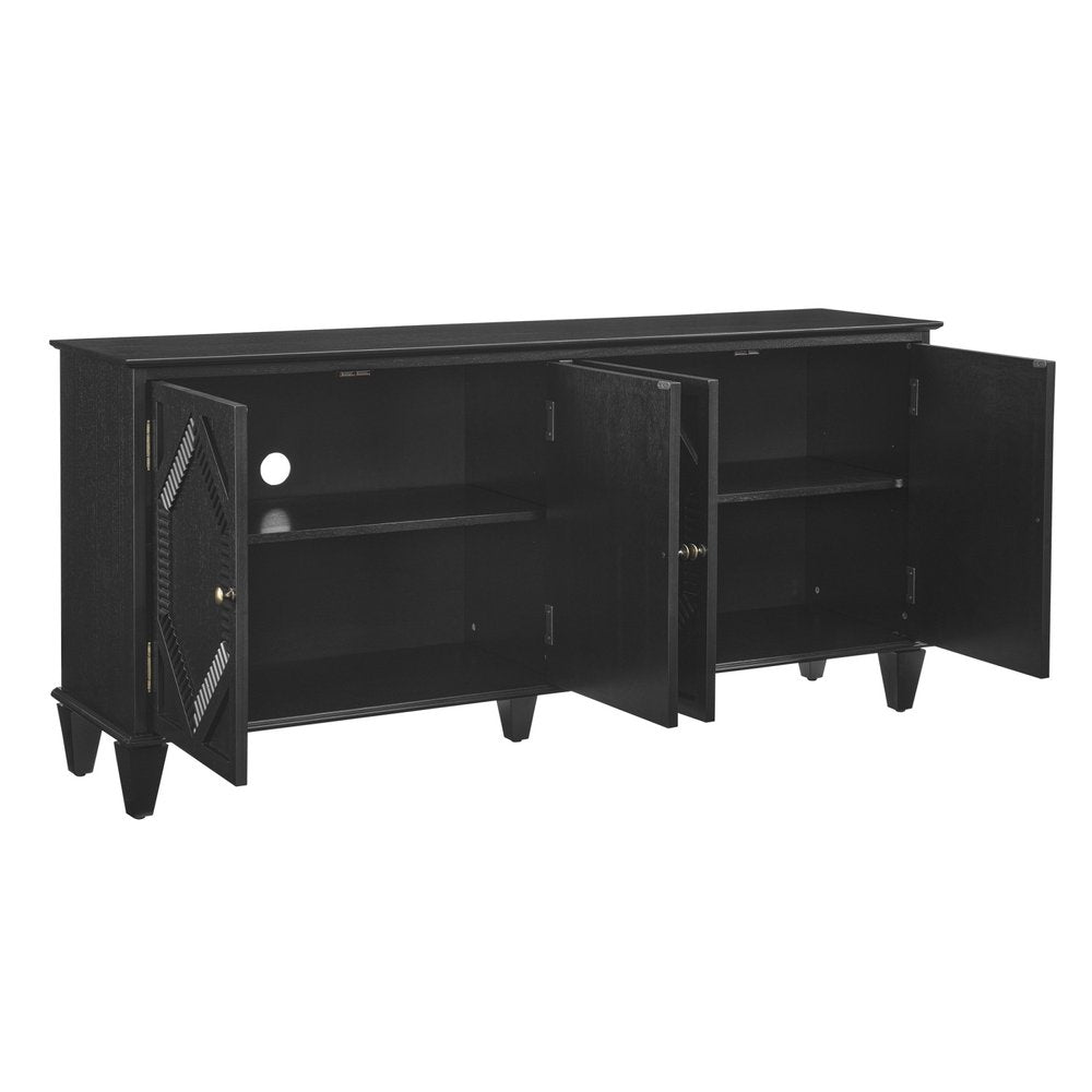 66" Black Wood Carved Geometric Accent Cabinet With Four Doors HomeRoots