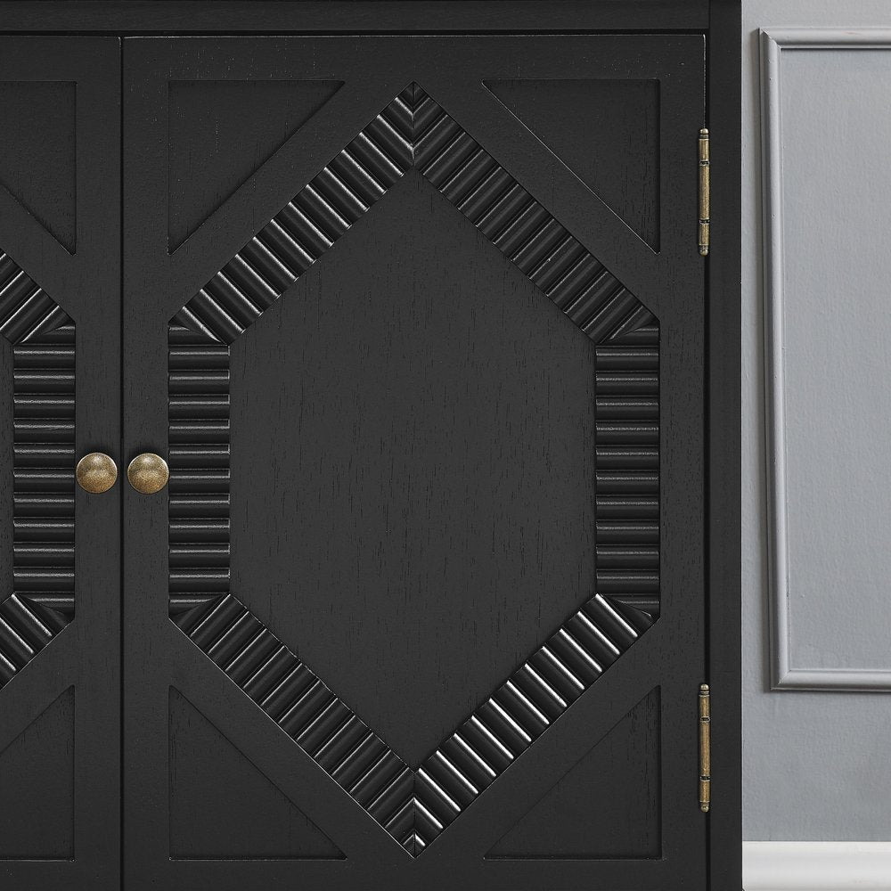 66" Black Wood Carved Geometric Accent Cabinet With Four Doors HomeRoots