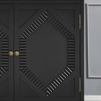 66" Black Wood Carved Geometric Accent Cabinet With Four Doors HomeRoots