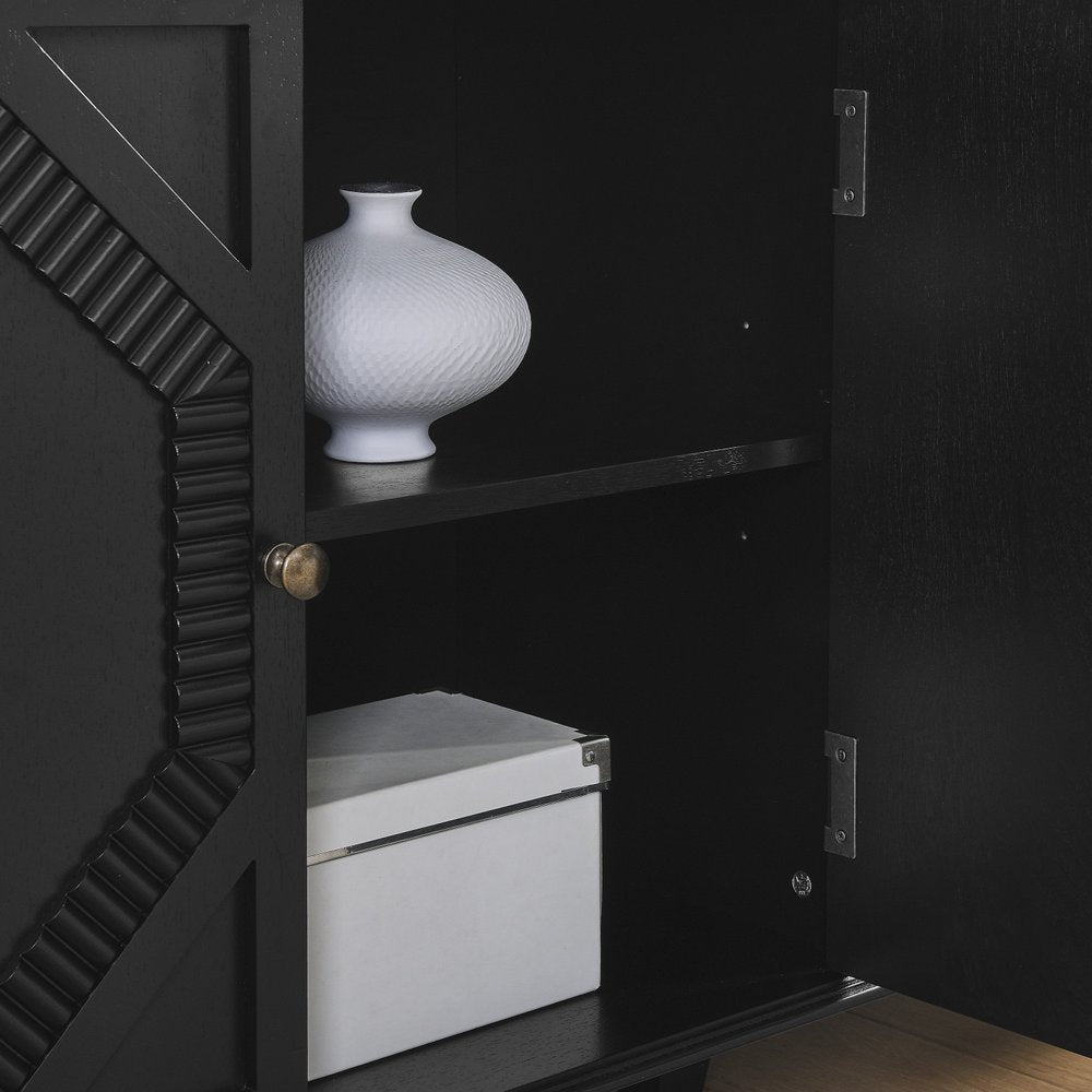 66" Black Wood Carved Geometric Accent Cabinet With Four Doors HomeRoots