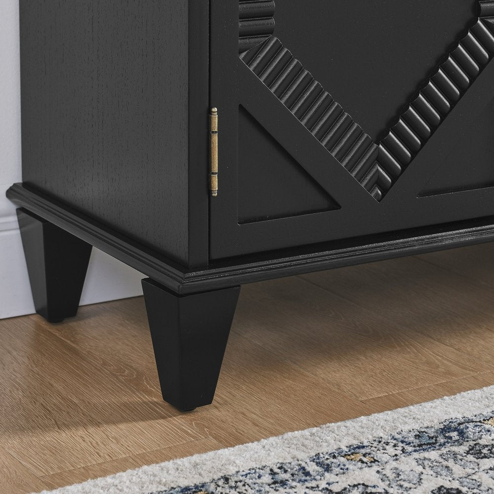 66" Black Wood Carved Geometric Accent Cabinet With Four Doors HomeRoots