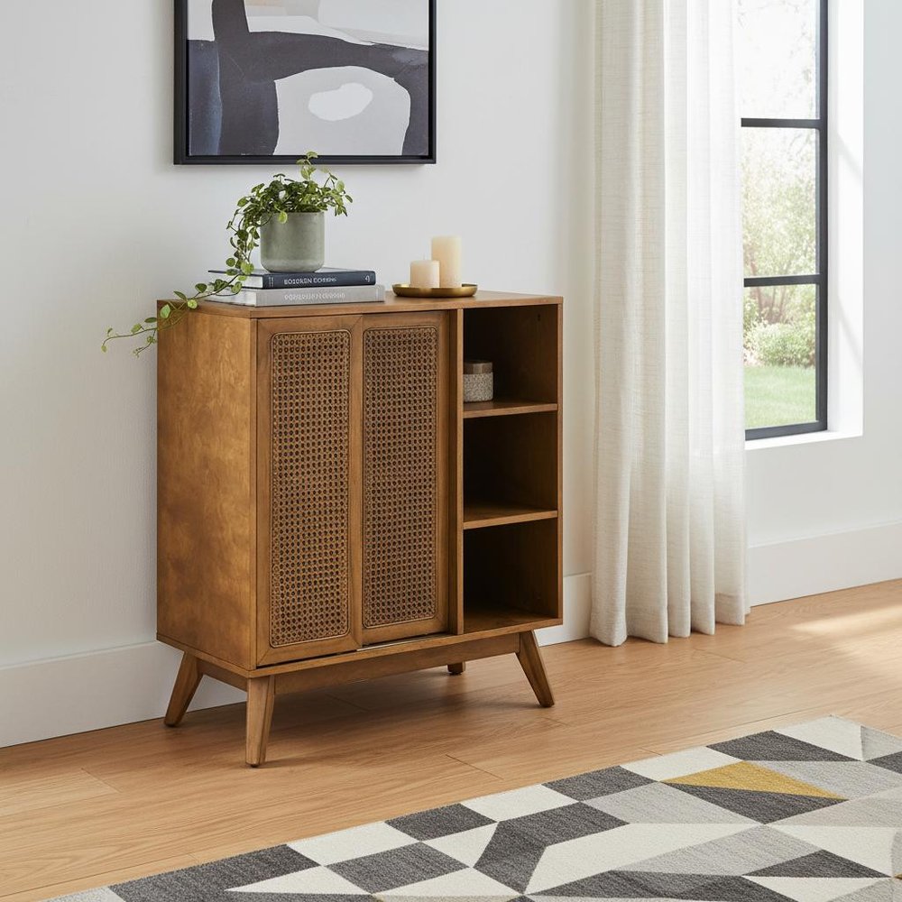 32" Light Brown Wood Sideboard With Two Sliding Doors — view 4