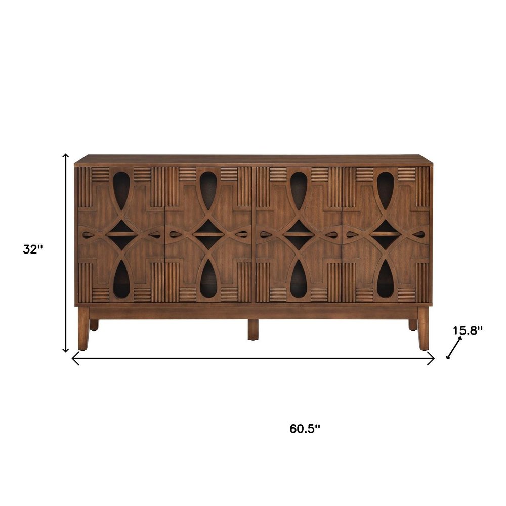 61" Brown Wood Carved Geometric Sideboard With Four Doors HomeRoots