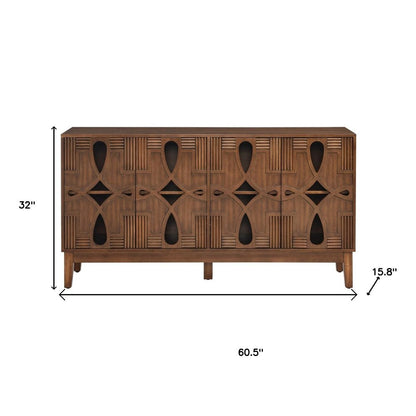 61" Brown Wood Carved Geometric Sideboard With Four Doors HomeRoots