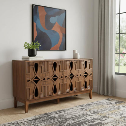 61" Brown Wood Carved Geometric Sideboard With Four Doors HomeRoots