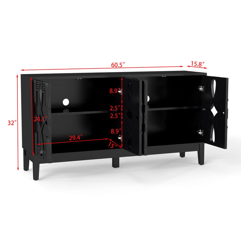 61" Black Wood Sideboard With Four Doors HomeRoots