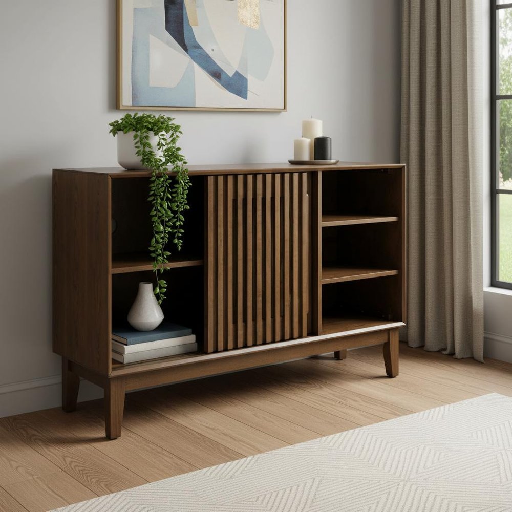 47" Brown Wood Ribbed Texture Sideboard With Two Sliding Doors — view 6