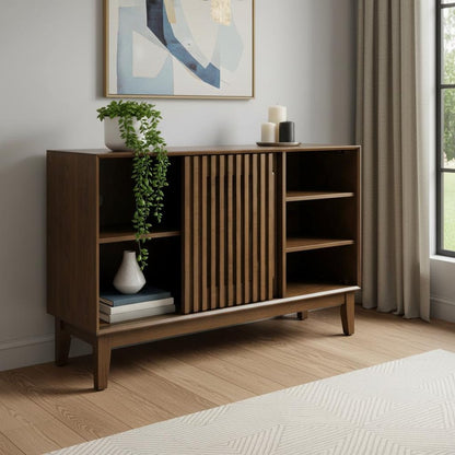 47" Brown Wood Ribbed Texture Sideboard With Two Sliding Doors HomeRoots