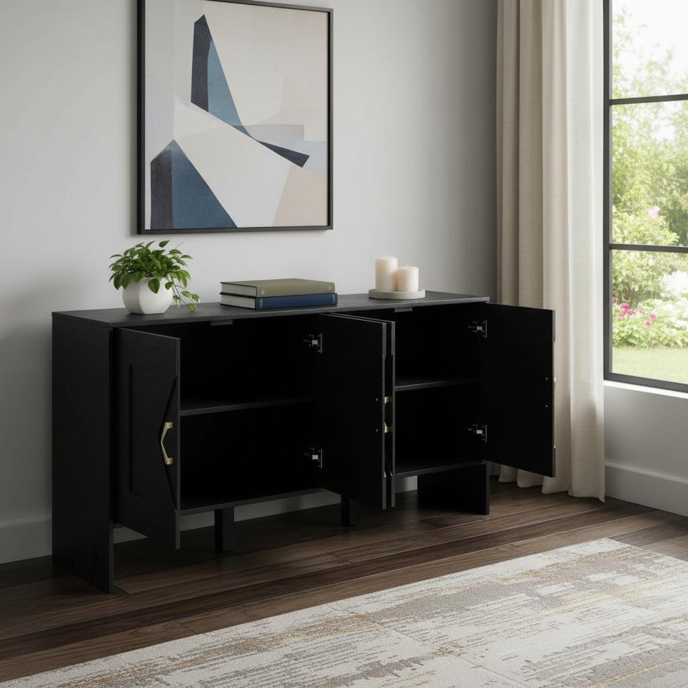 60" Black Wood Ribbed Texture Sideboard With Four Doors — view 8