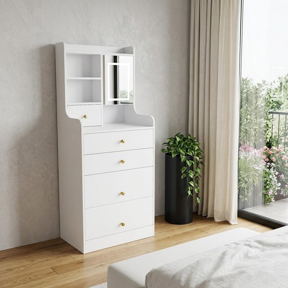 20" White Wood Mirrored Five Drawer Vanity Table And Lights — view 2