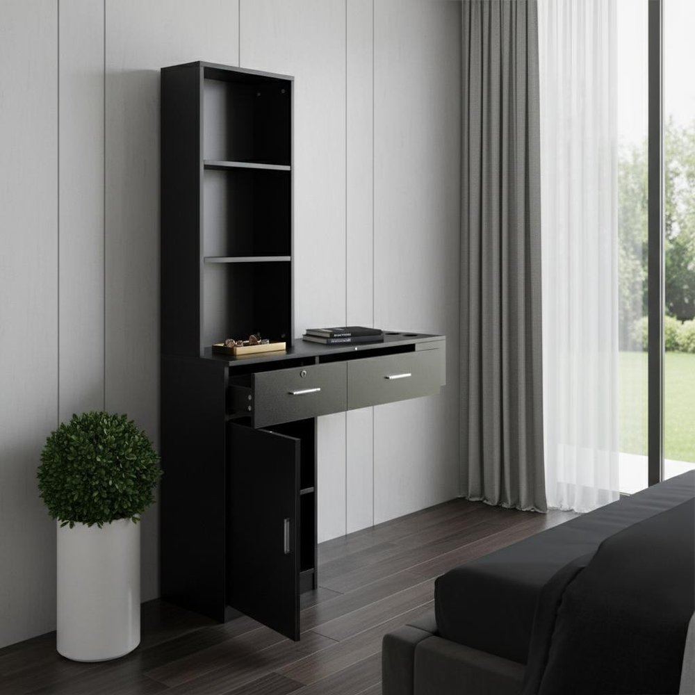 40" Black Wood Mirrored Two Drawer Vanity Table HomeRoots