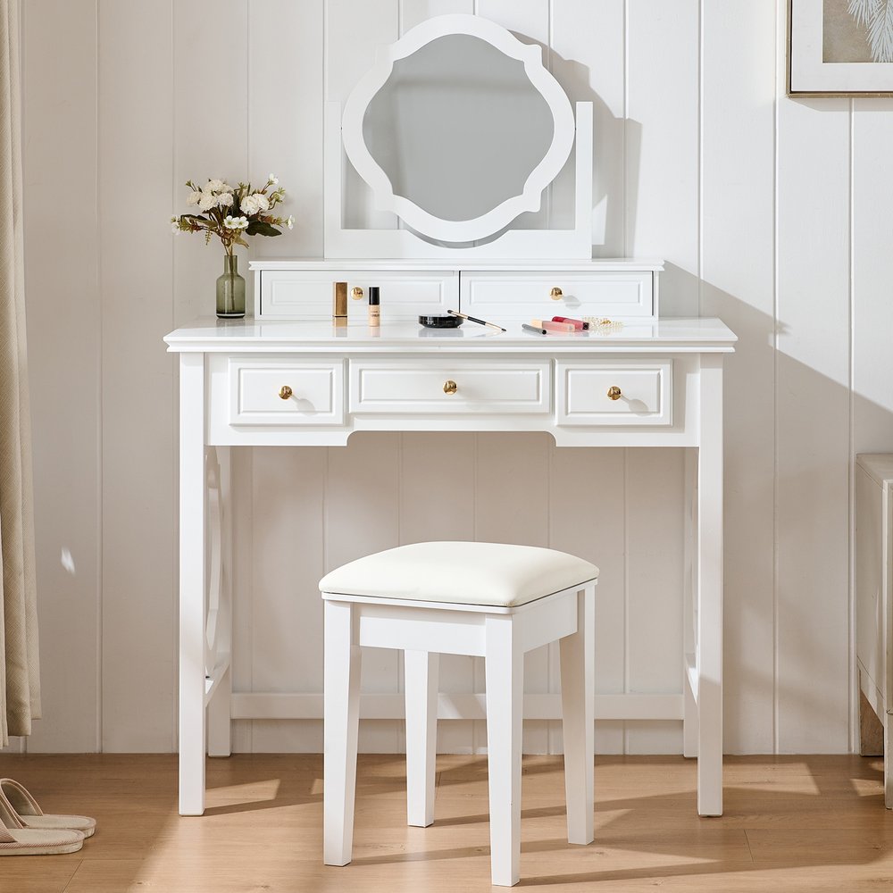 36" White Wood Mirrored Five Drawer Vanity Table — view 6