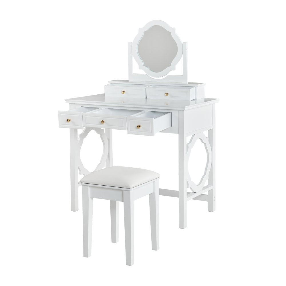 36" White Wood Mirrored Five Drawer Vanity Table HomeRoots