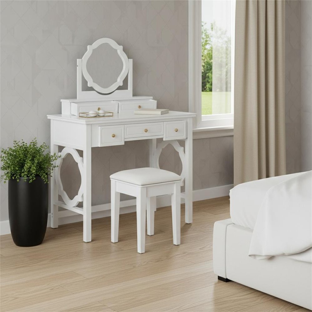 36" White Wood Mirrored Five Drawer Vanity Table HomeRoots