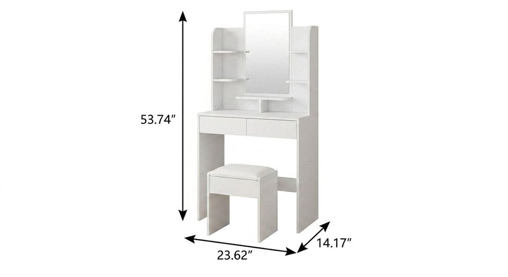 24" White Wood Mirrored Two Drawer Vanity Table And Lights — view 3