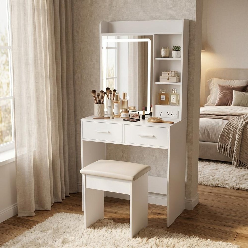 24" White Wood Mirrored Two Drawer Vanity Table And Lights HomeRoots