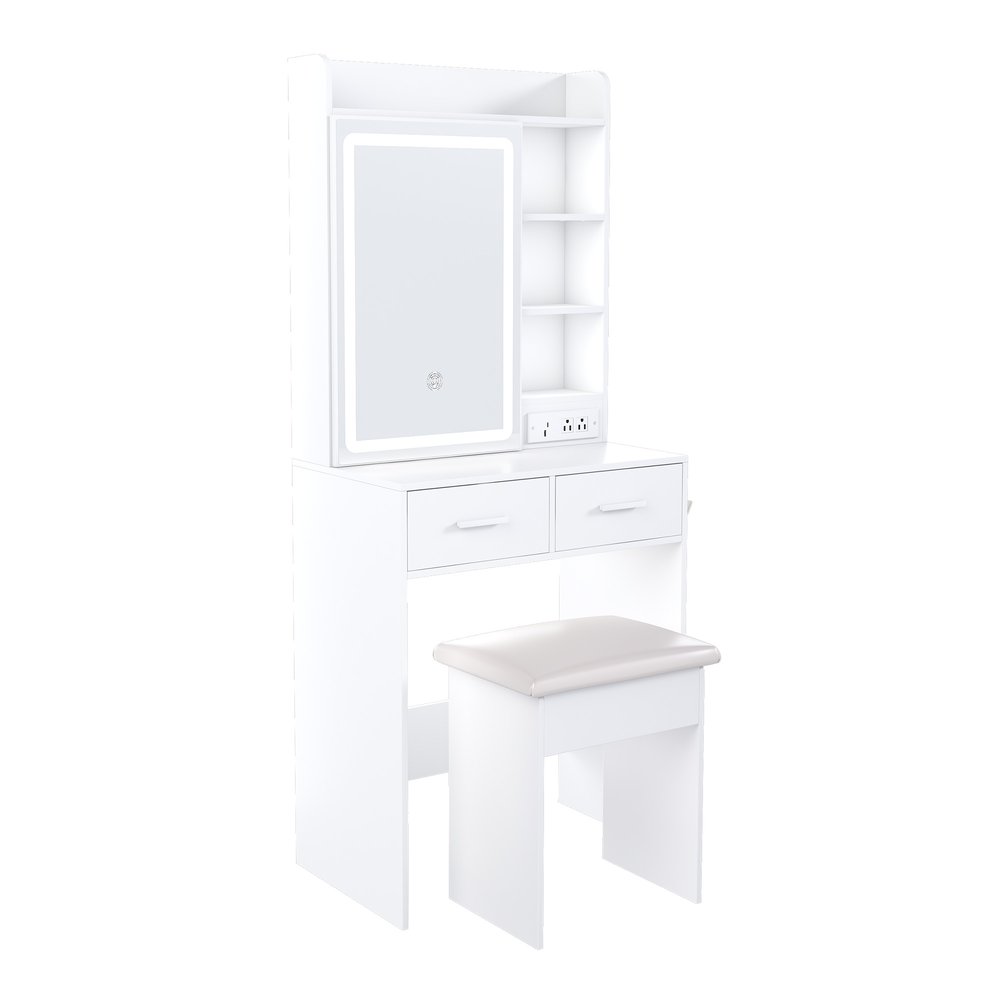 24" White Wood Mirrored Two Drawer Vanity Table And Lights — view 1