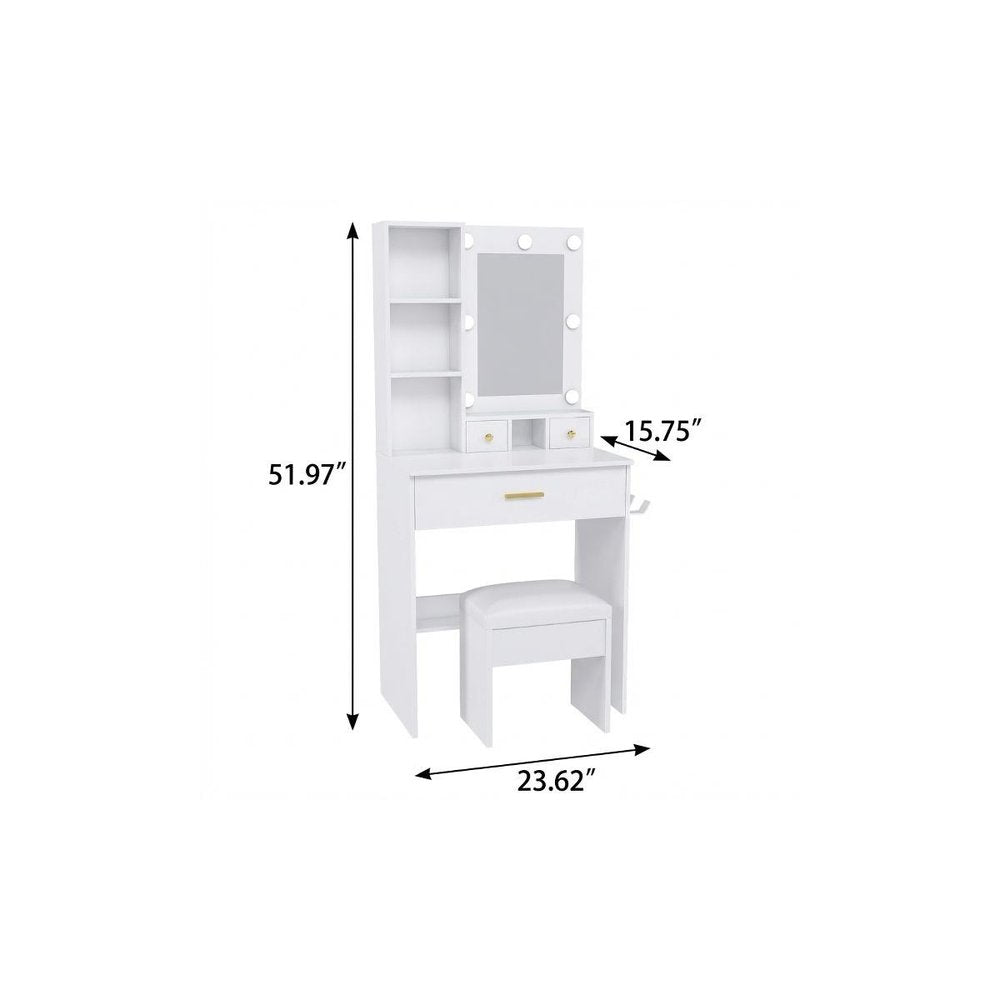 24" White Wood Mirrored Three Drawer Vanity Table And Lights — view 4