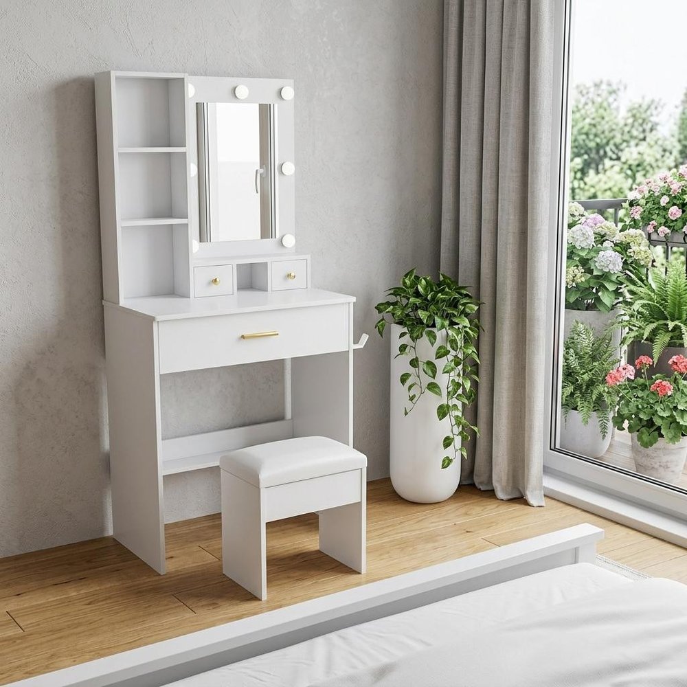 24" White Wood Mirrored Three Drawer Vanity Table And Lights — view 3