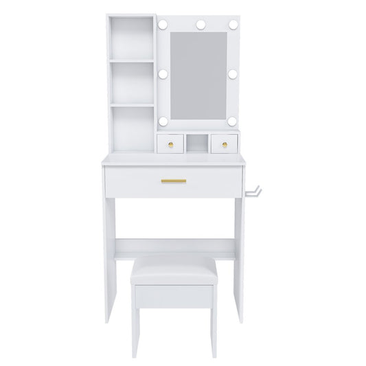 24" White Wood Mirrored Three Drawer Vanity Table And Lights