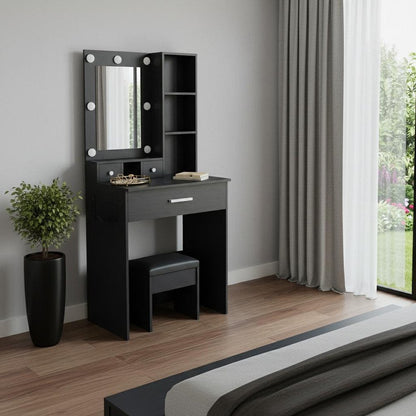 24" Black Wood Mirrored Three Drawer Vanity Table And Lights HomeRoots